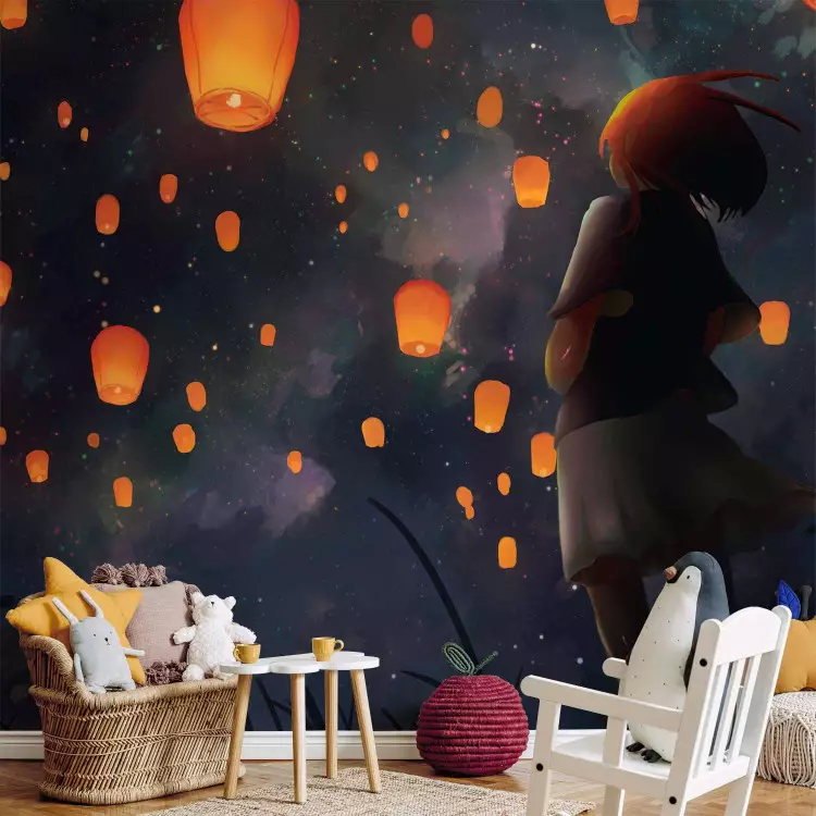 Wall Mural Japanese Lanterns - Girl and the Night Sky in Anime Style
