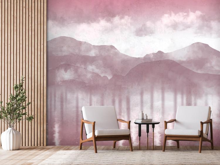 Wall Mural Hazy Landscape - View of the Mountains and the Lake in Pink Shades