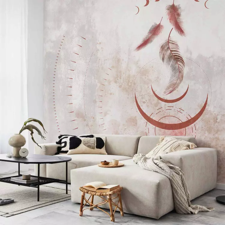 Wall Mural Boho Magic - Composition of Geometric Shapes and Feathers