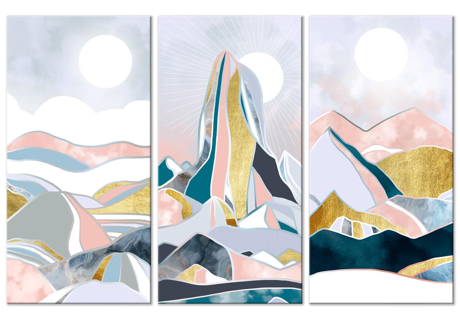 Canvas Abstract Triptych - Three Mountain Landscapes With Elements of Gold