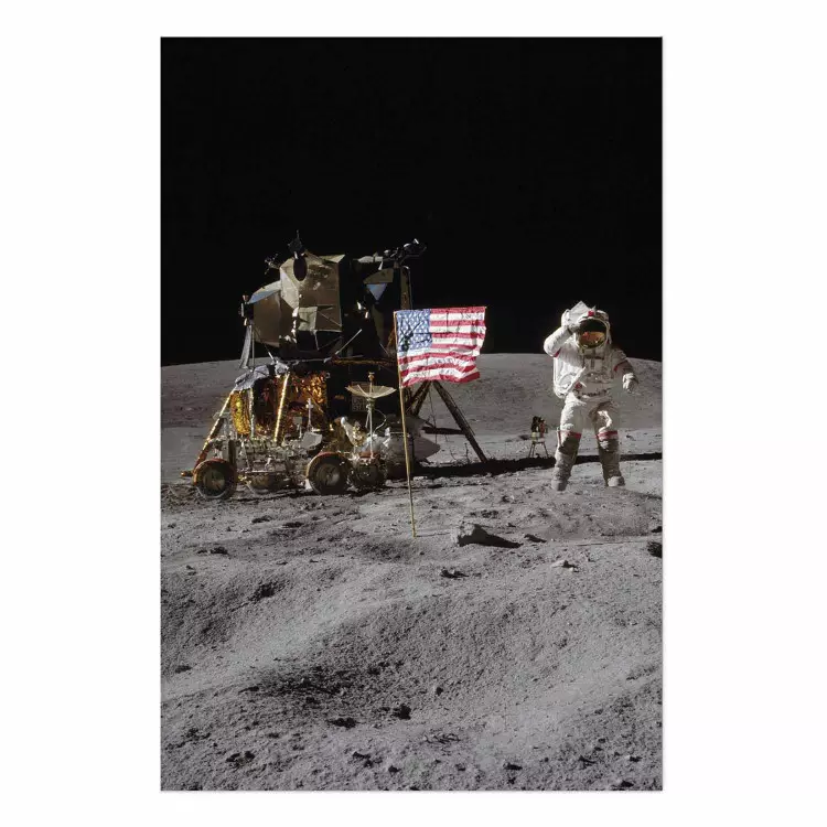 Poster Moon Landing - Photo of the Ship, Astronaut and Flag in Space