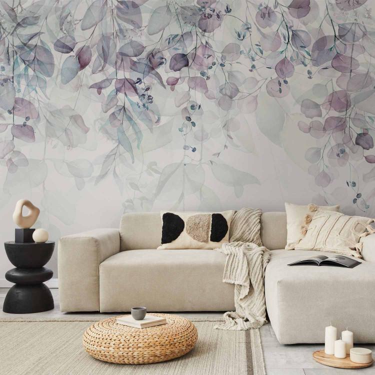 Wall Mural Cascade of Violet - Delicate Twigs Full of Leaves on a Light Background