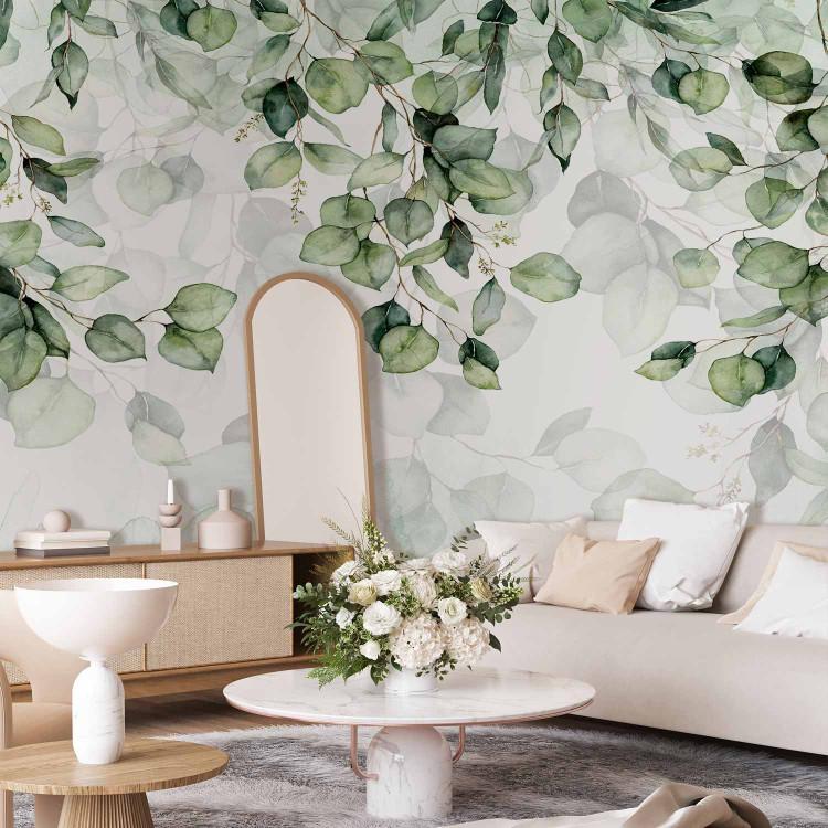 Wall Mural Decorative Leaves - A Floral Motif in Light Greens on a White Background