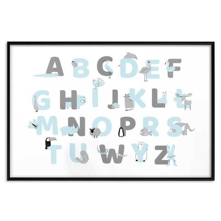 Poster Polish Alphabet for Children - Gray and Blue Letters with Animals