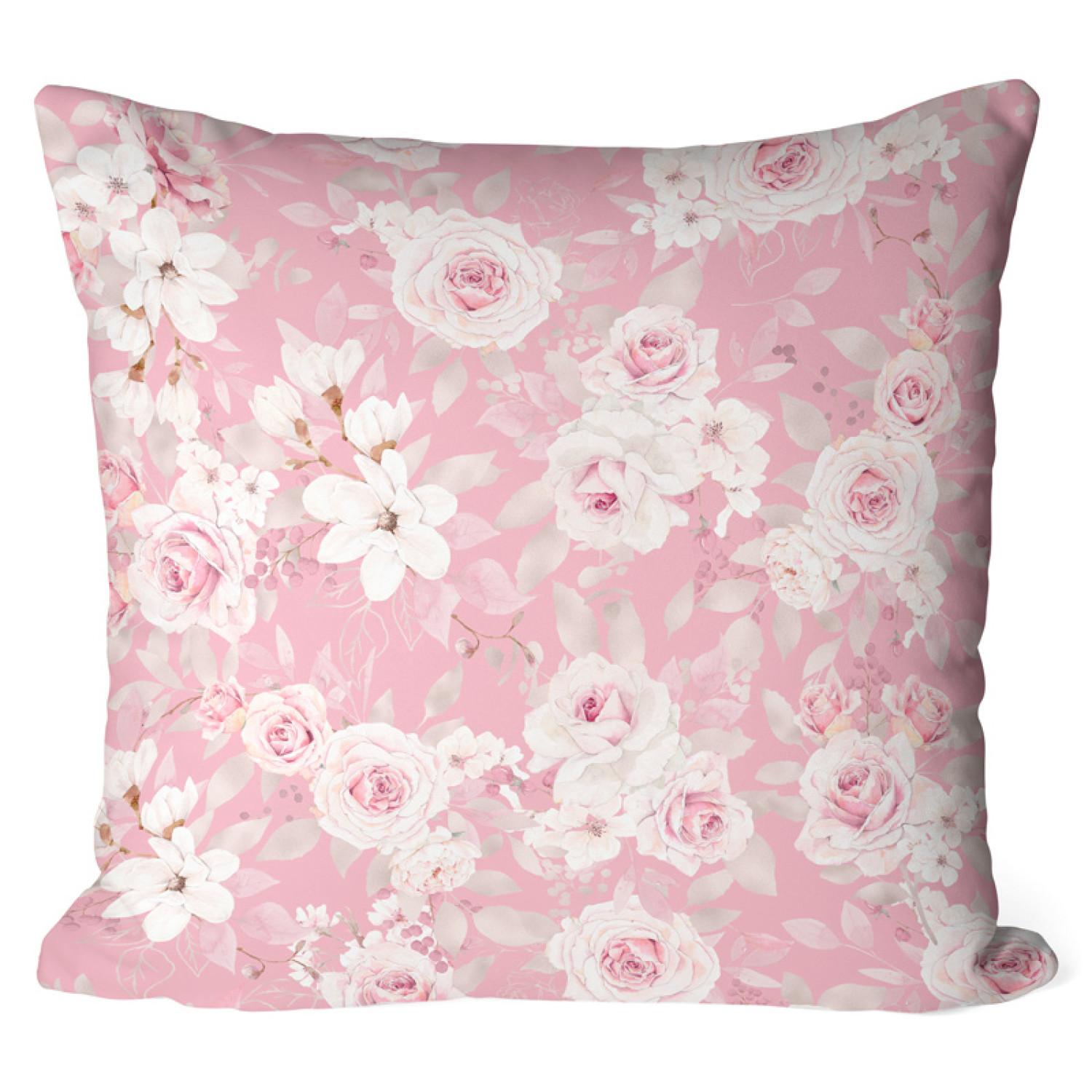 Decorative Microfiber Pillow Rose embrace - a delicate floral pattern in shades of pastel pink cushions