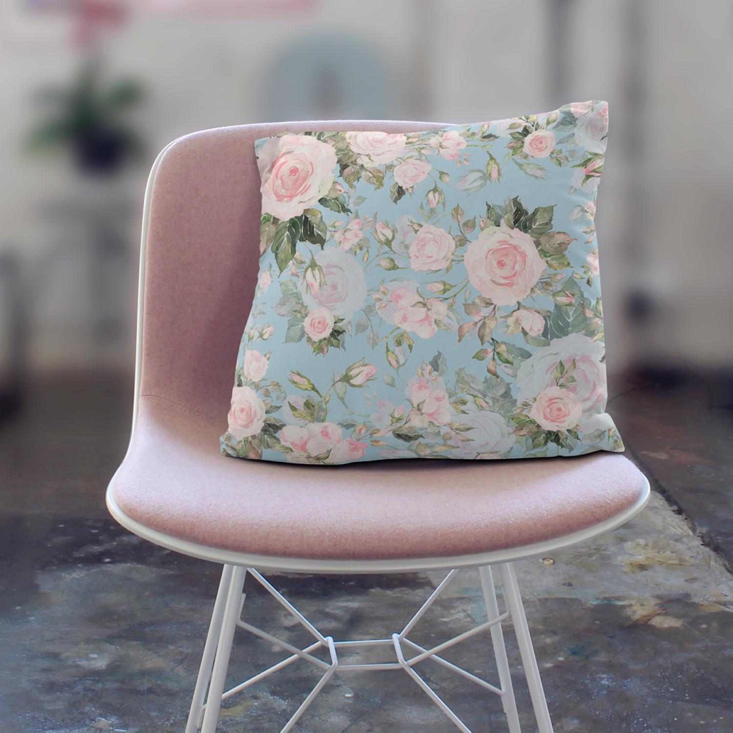 Decorative Microfiber Pillow Elusive painting - roses in cottagecore style on blue background cushions