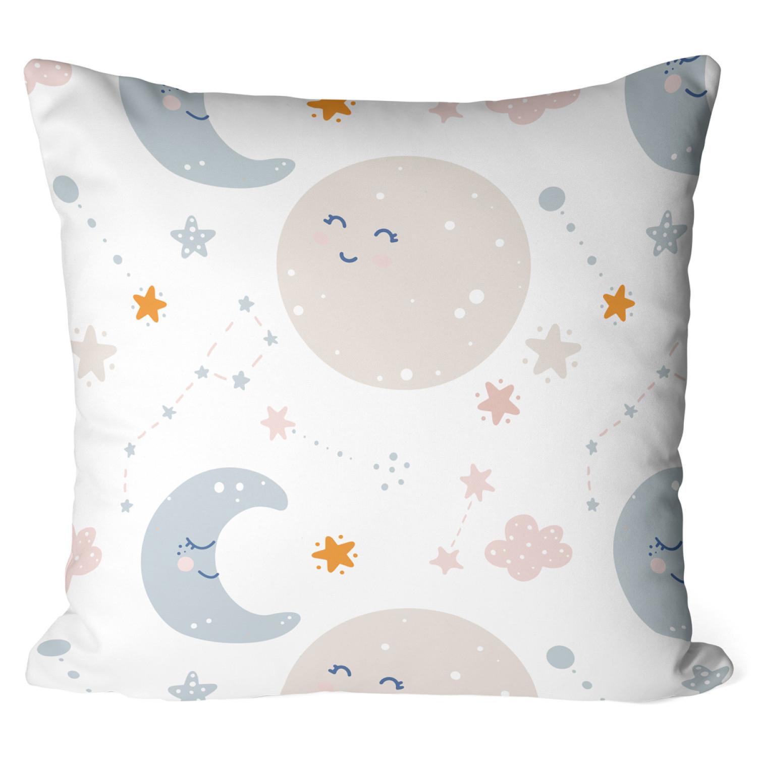 Decorative Microfiber Pillow Joyful sky - moon, clouds and stars motif on a bright background cushions