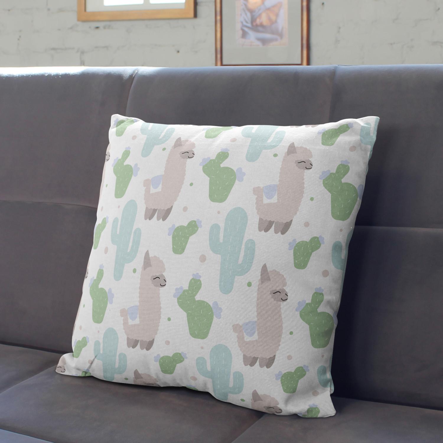 Decorative Microfiber Pillow Frisky llamas - composition with a cactus theme on a white background cushions