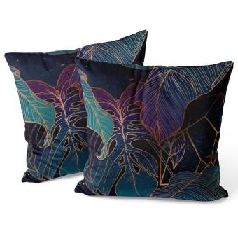 Decorative Velor Pillow Botanical aurora - an exotic, golden composition of leaves and montera