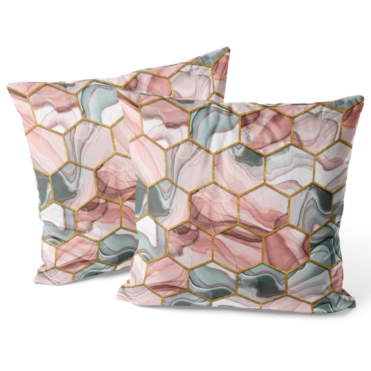Decorative Velor Pillow Plant hexagons - motif in shades of gold, green and red
