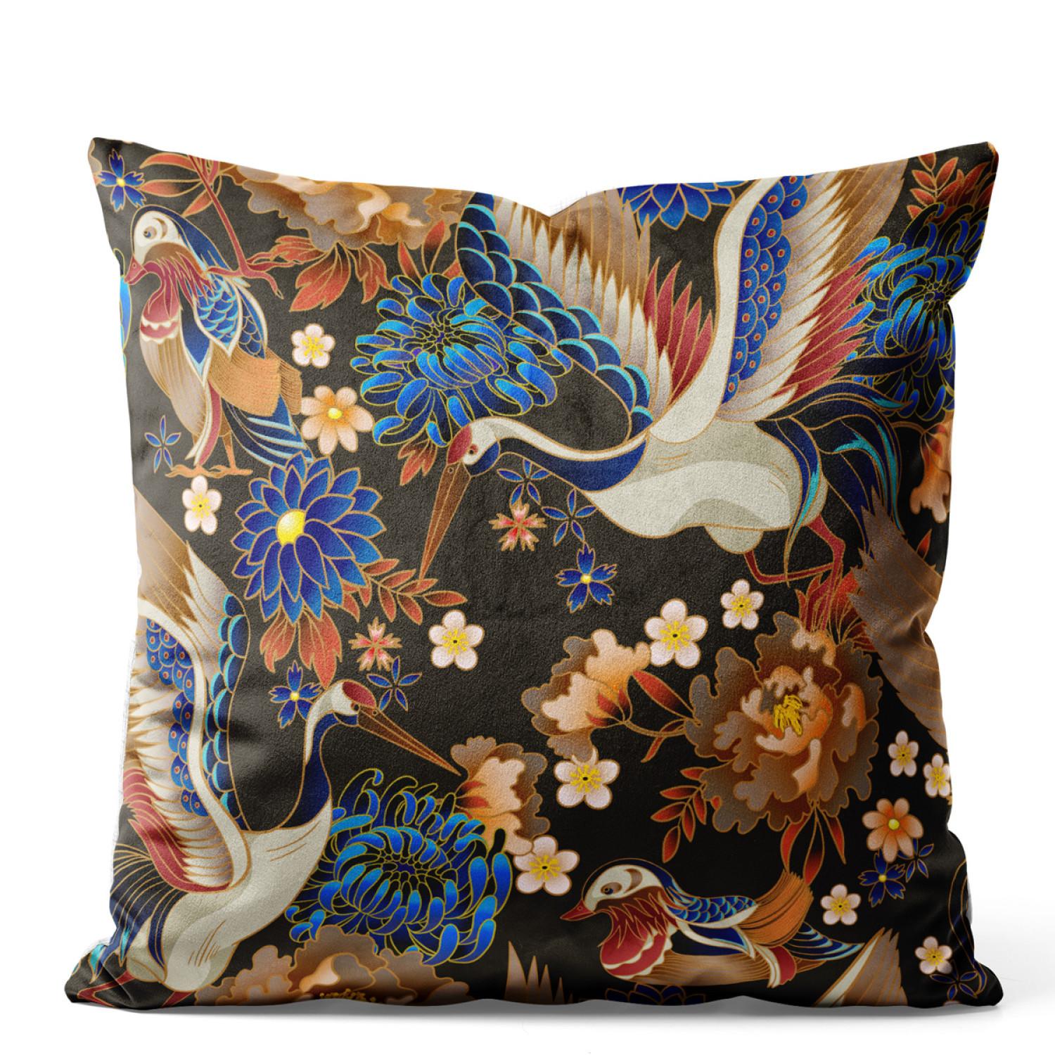 Decorative Velor Pillow Birdy paradise - pattern with multicoloured flowers on dark background