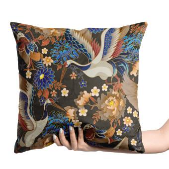 Decorative Velor Pillow Birdy paradise - pattern with multicoloured flowers on dark background