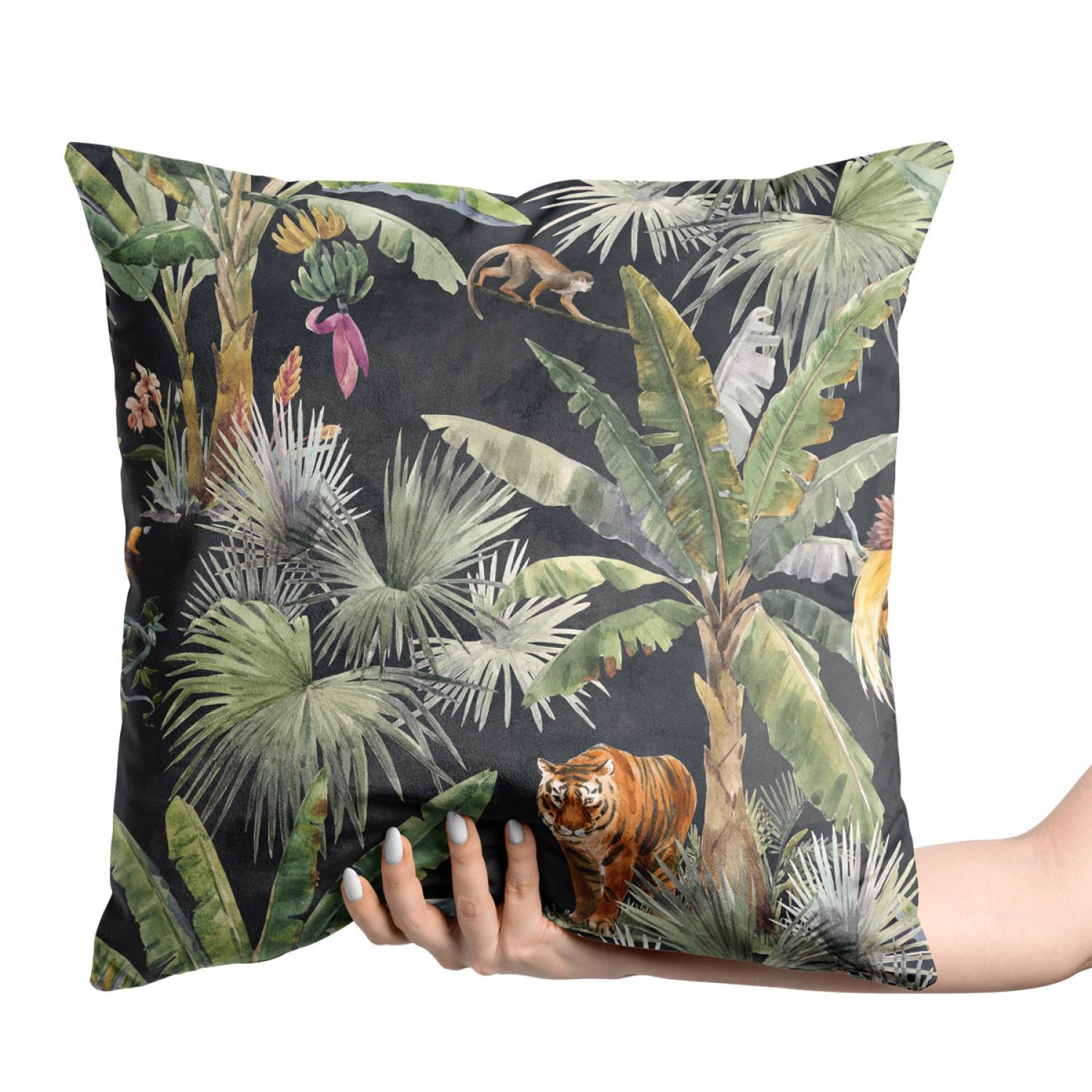 Decorative Velor Pillow In the jungle - palm trees, tiger and monkey on dark background