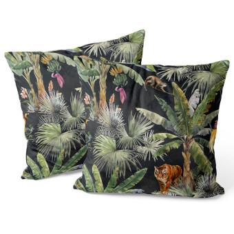 Decorative Velor Pillow In the jungle - palm trees, tiger and monkey on dark background