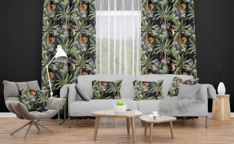 Decorative Curtain In the jungle - palm trees, tiger and monkey on dark background