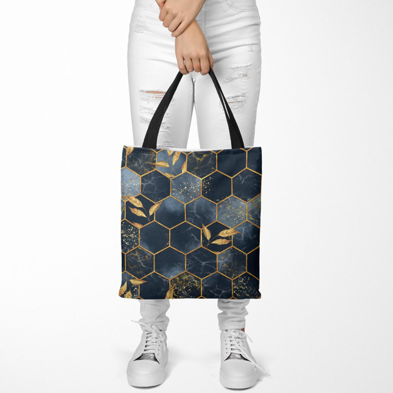 Shopping Bag Geometry and leaves - composition in shades of blue and gold