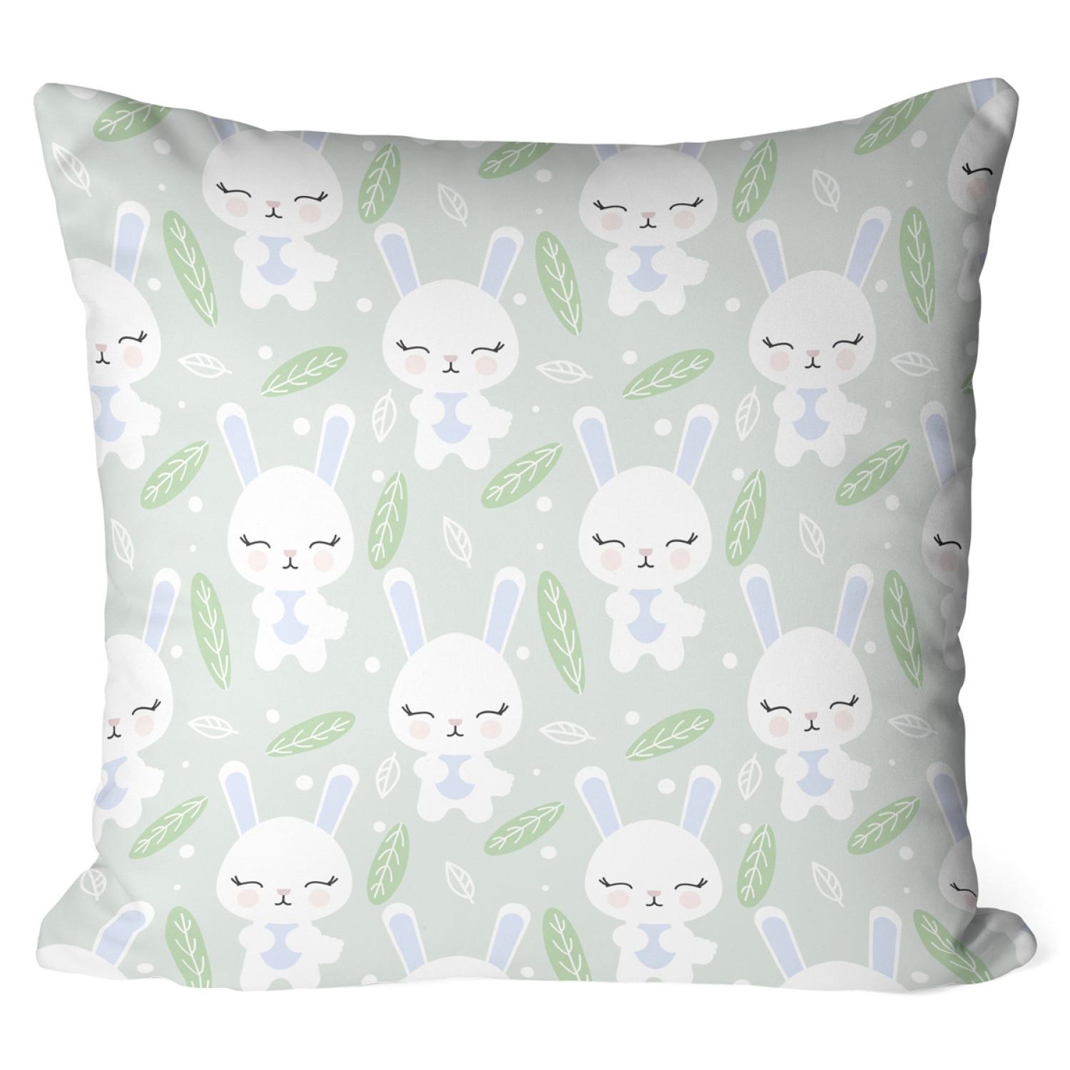 Decorative Microfiber Pillow Group of hares - composition in shades of white, blue and green cushions