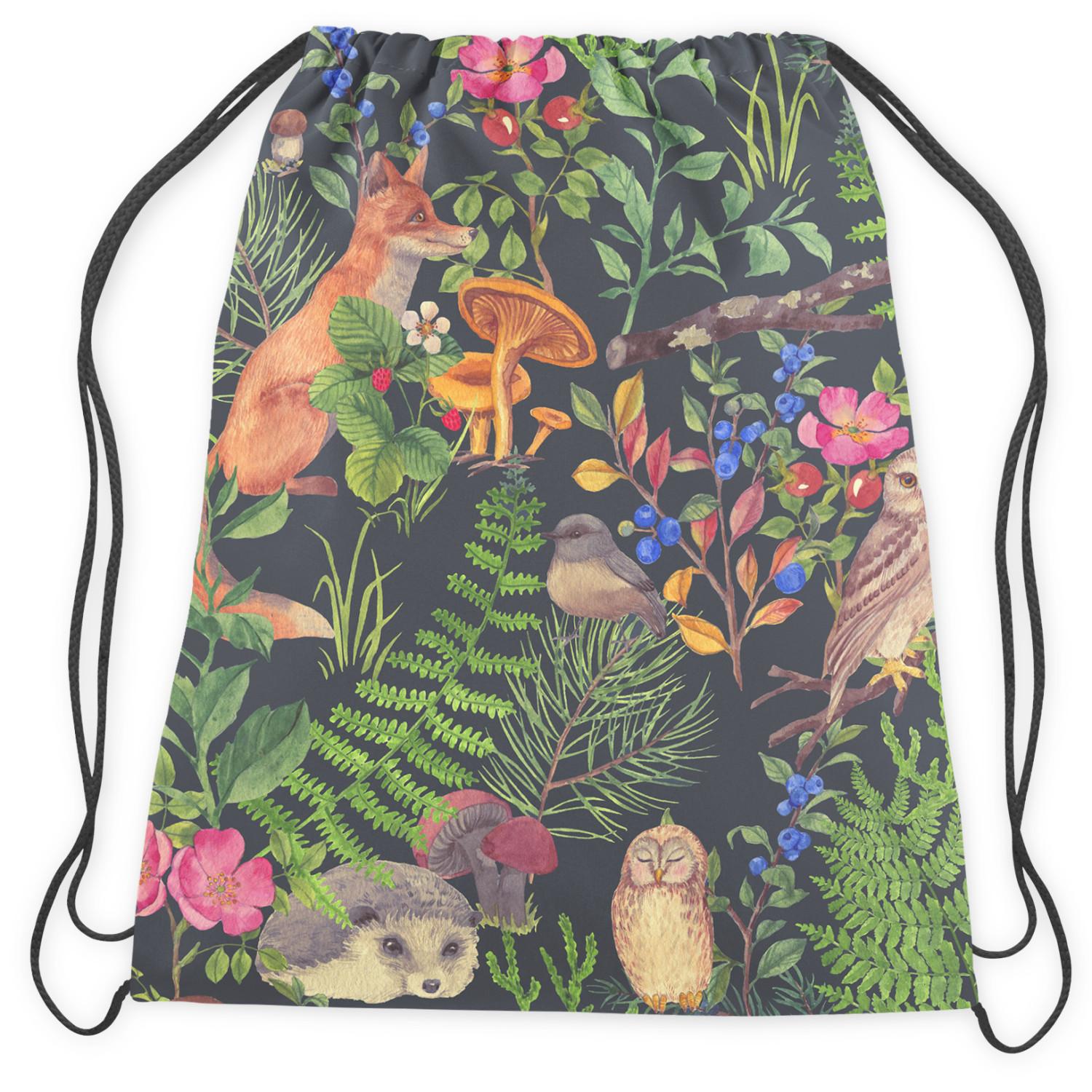 Backpack Good neighbourhood - forest flora and fauna motif on black background