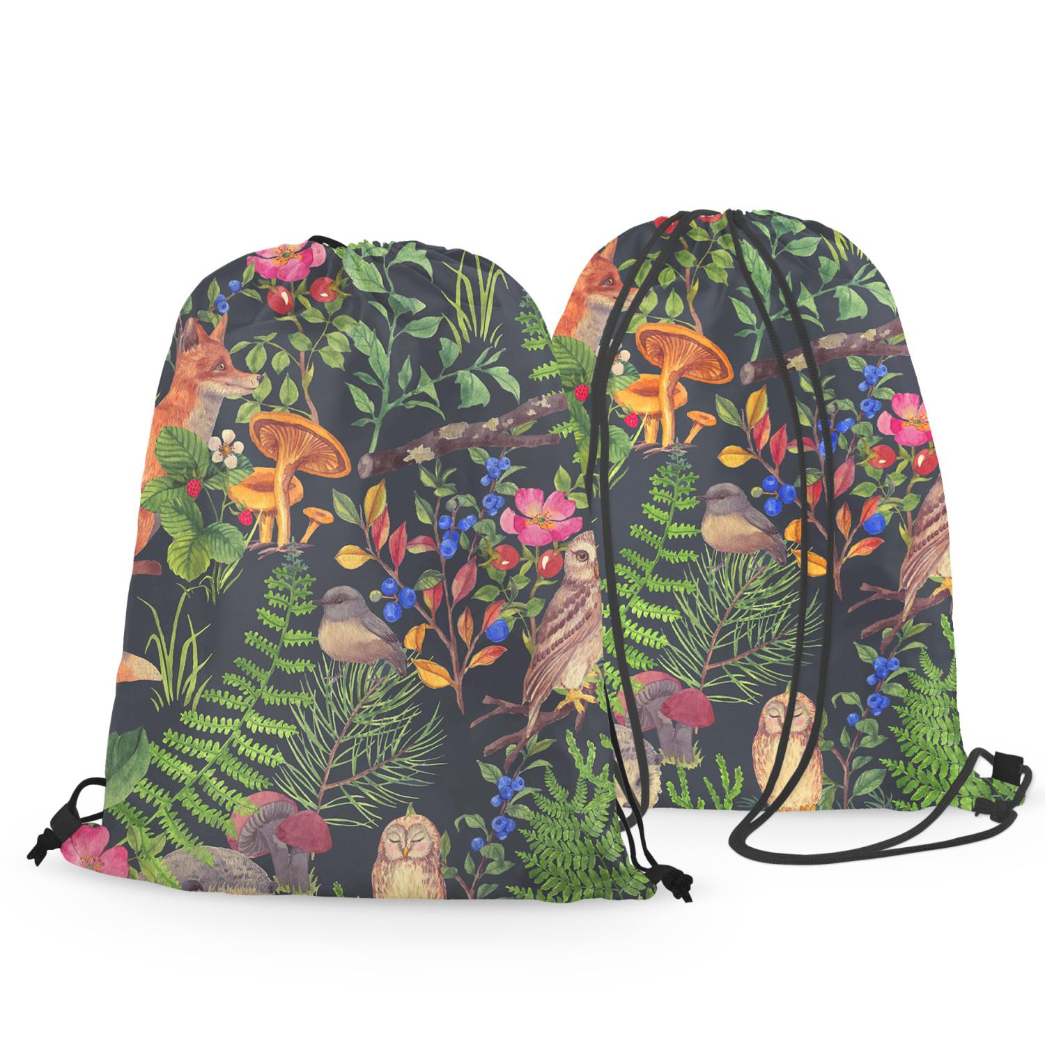 Backpack Good neighbourhood - forest flora and fauna motif on black background