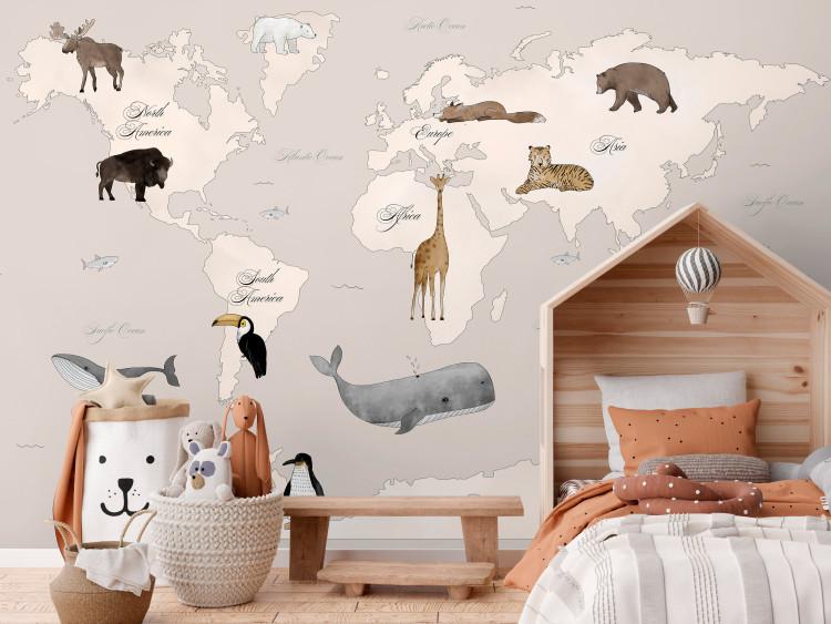 Wall Mural World Map for Kids - Continents and Oceans in Beige Tones