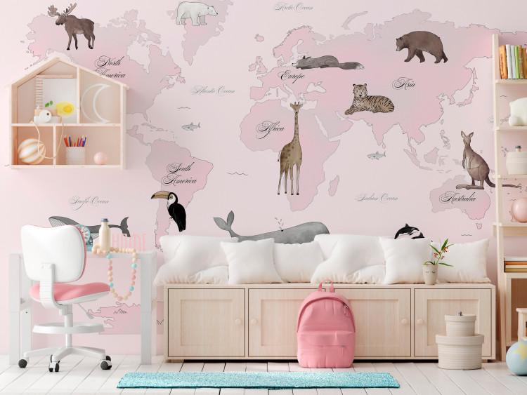 Wall Mural World Map for Kids - Continents and Oceans in Pink Shades