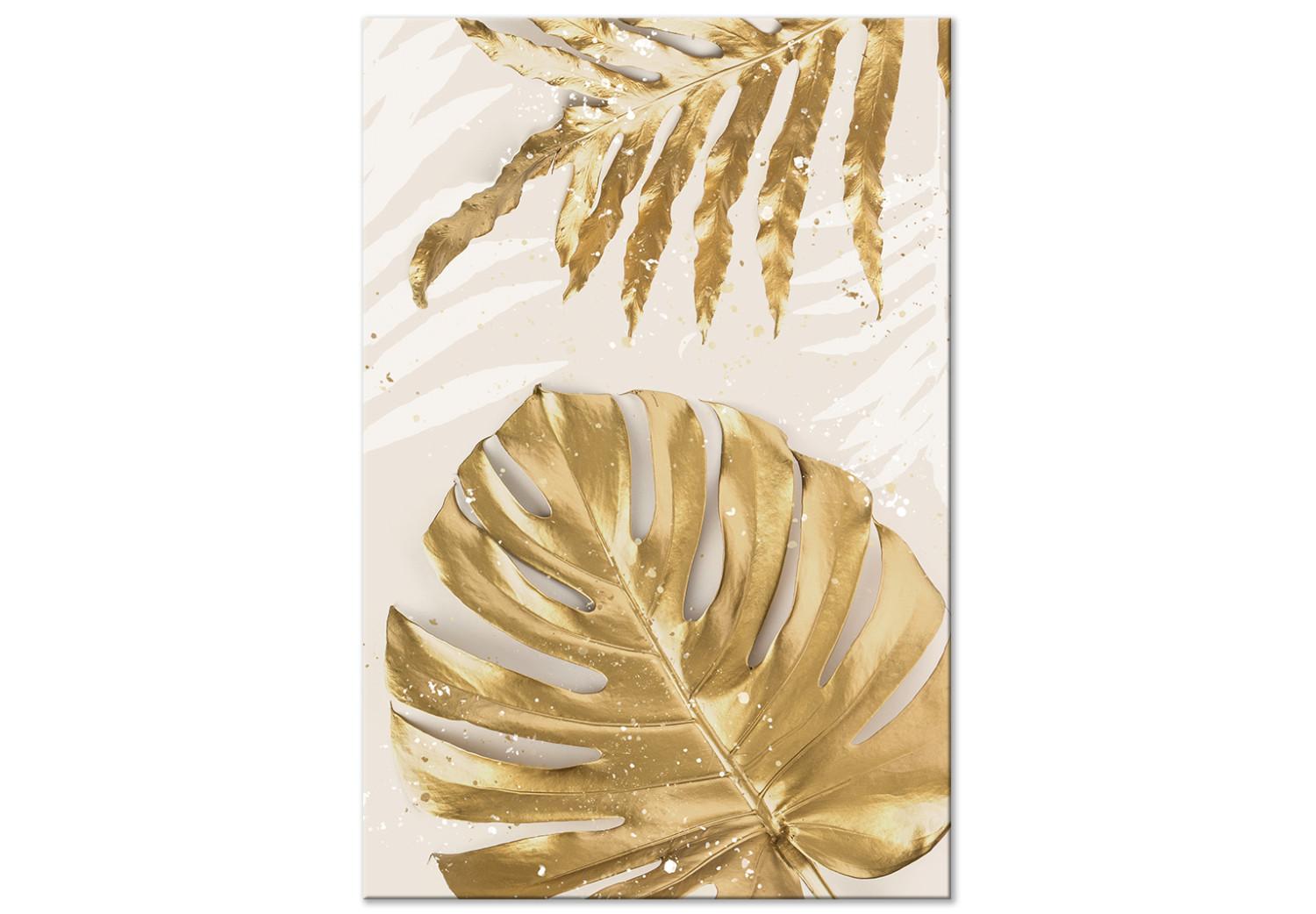 Canvas Golden Leaves With a Monstera - Elegant Plants With a Festive Atmosphere