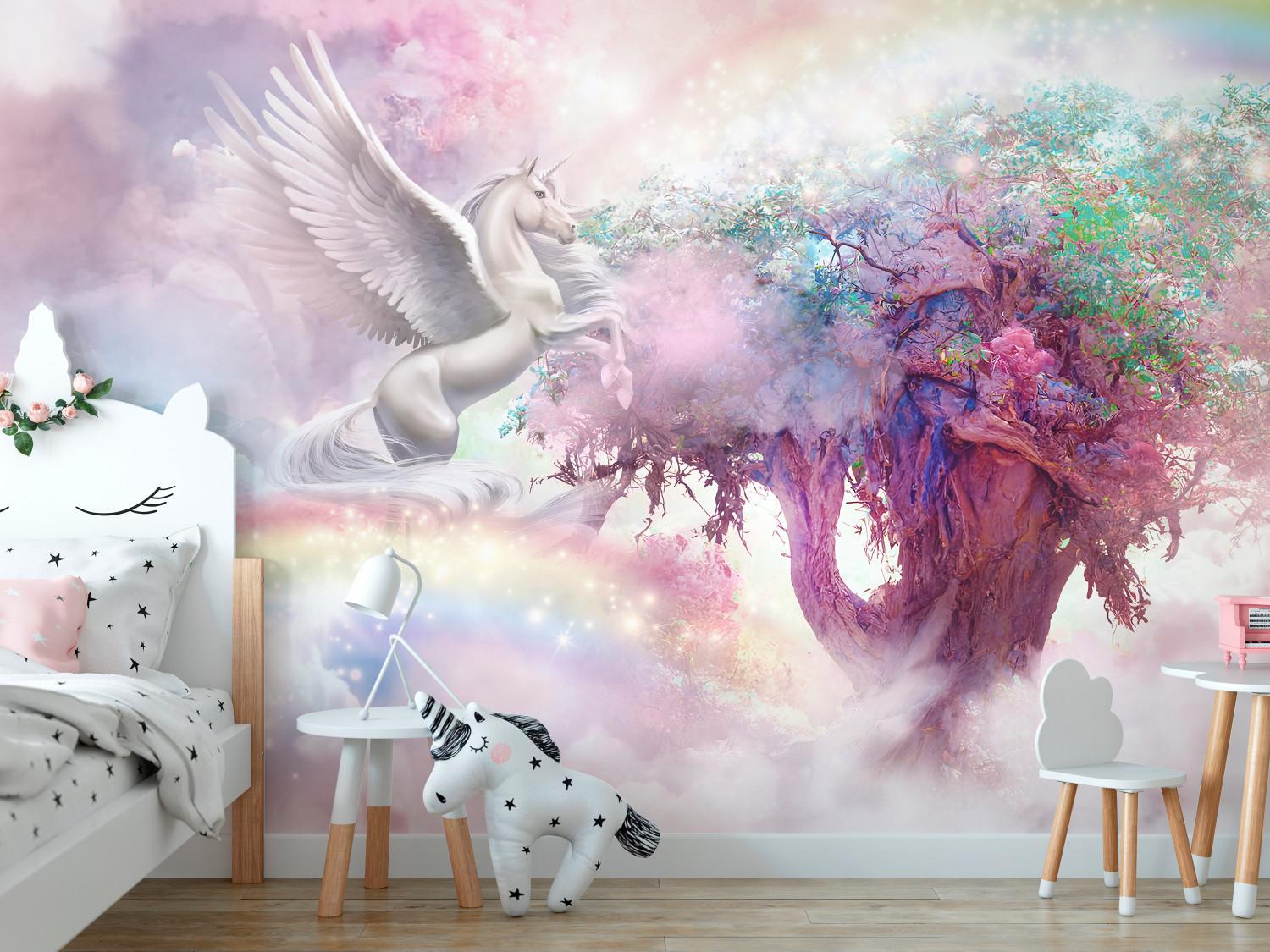 Wall Mural Unicorn and Magic Tree - Pink and Rainbow Land in the Clouds
