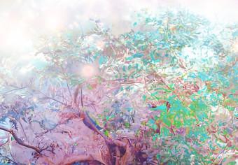 Wall Mural Unicorn and Magic Tree - Pink and Rainbow Land in the Clouds