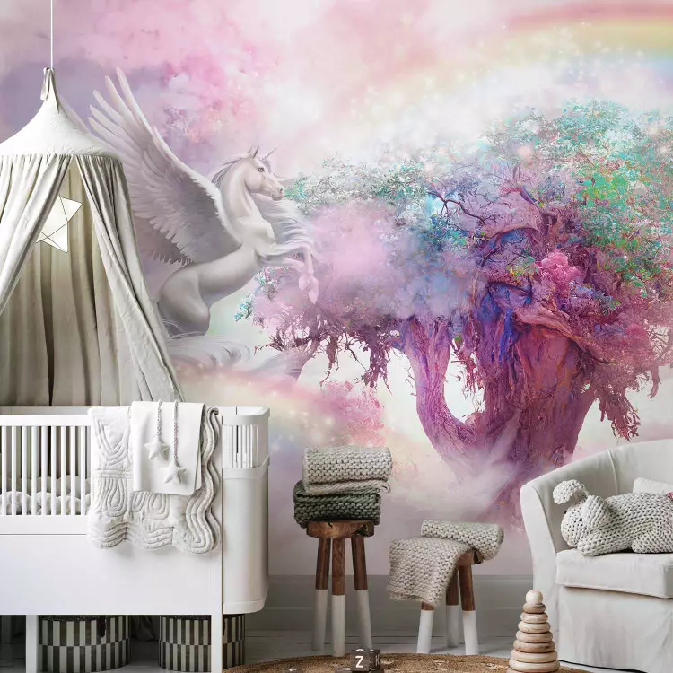 Unicorn and Magic Tree - Pink and Rainbow Land in the Clouds