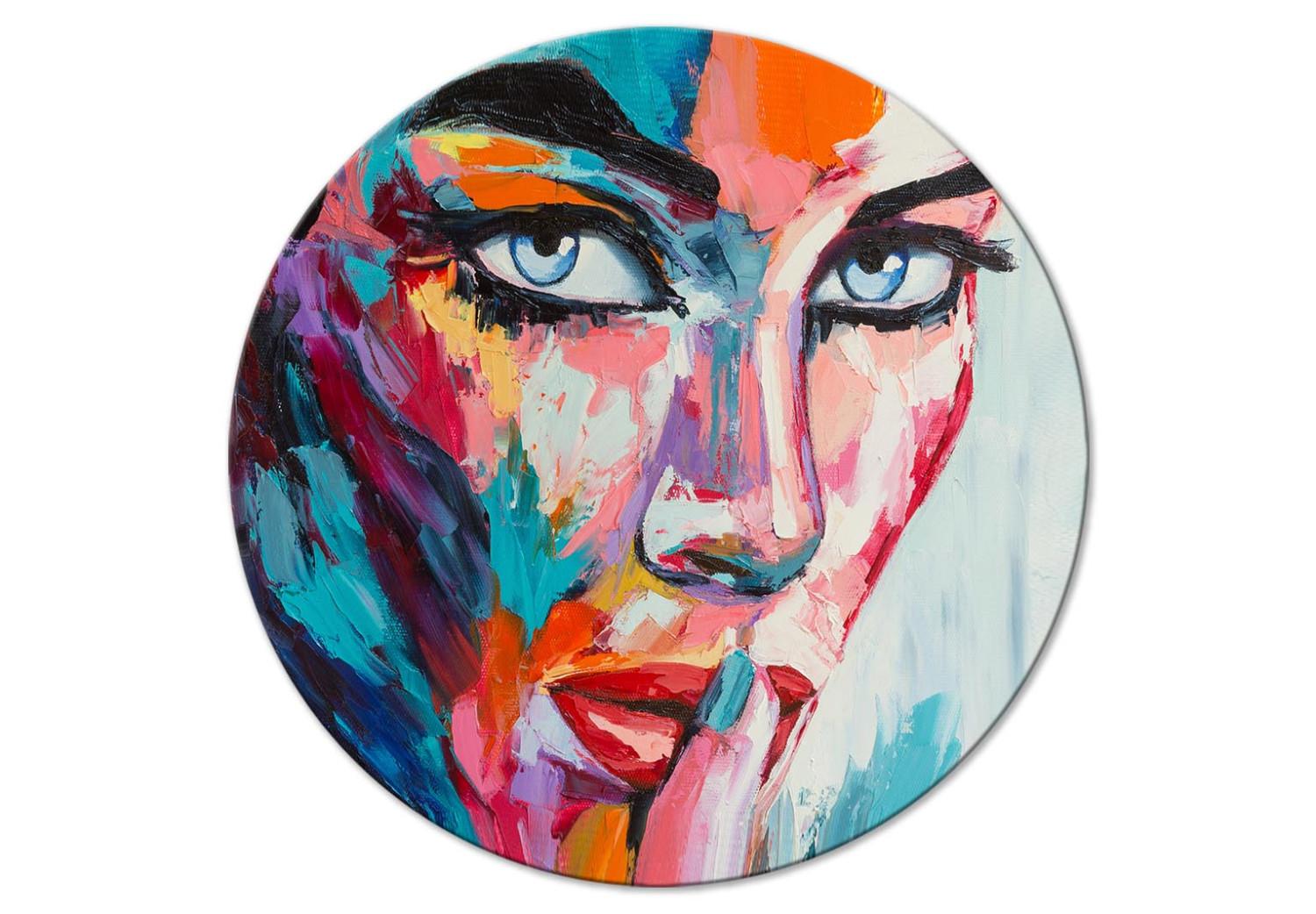 Round Canvas Colorful Face - Expressively Painted Portrait of a Woman