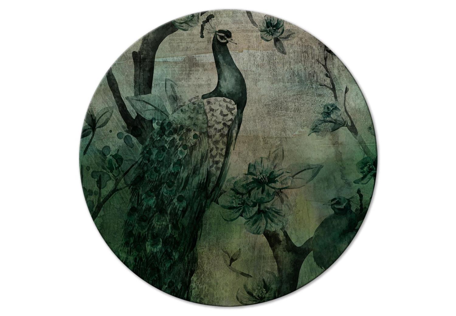 Round Canvas Watercolor Peacocks - Decorative Birds on Flowering Branches