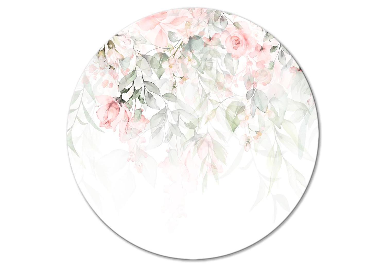Round Canvas Pastel - Delicate Pink Roses and Penetrating Green Leaves
