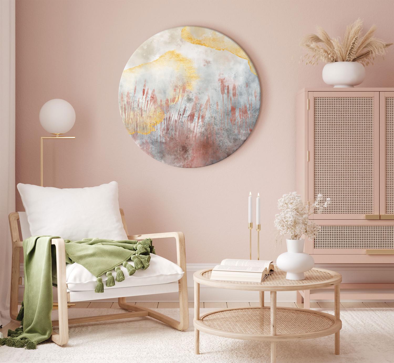 Round Canvas Pink Meadow - Water Grass Painted With Pink Watercolor and Stains of Gold