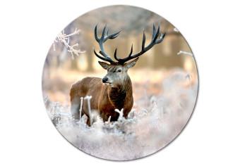 Round Canvas King of the Forest - A Photo of a Deer Against the Background of a Winter Forest in the Morning
