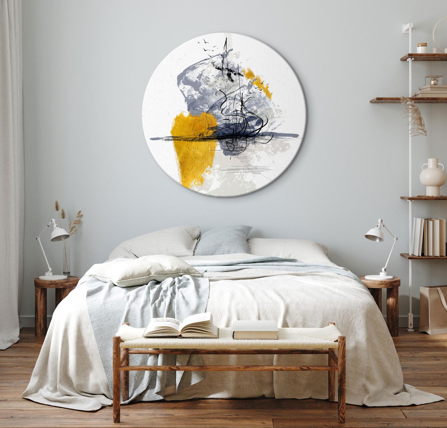 Round Canvas Crazy Landscape - Black and White Abstraction With Gold Additions