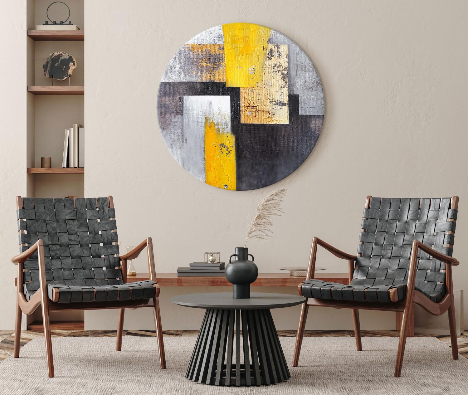 Round Canvas Abstraction - Yellow Gray and Gold Elements on a Dark Gray Background