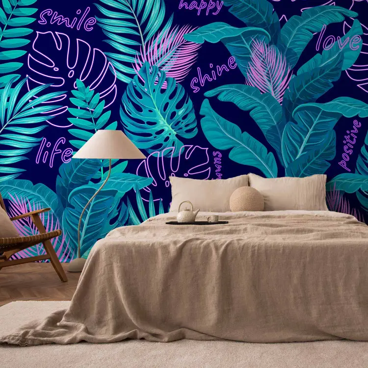 Neon Jungle - Leaves and Inscriptions in Bright and Vivid Colors