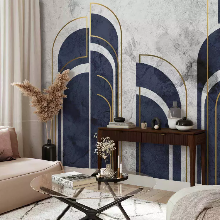 Wall Mural Navy Blue Elegance - Dark Forms and Golden Arches on Concrete