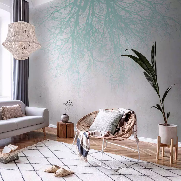 Wall Mural Abstraction - Turquoise Branches on a Light Background With a Delicate Texture