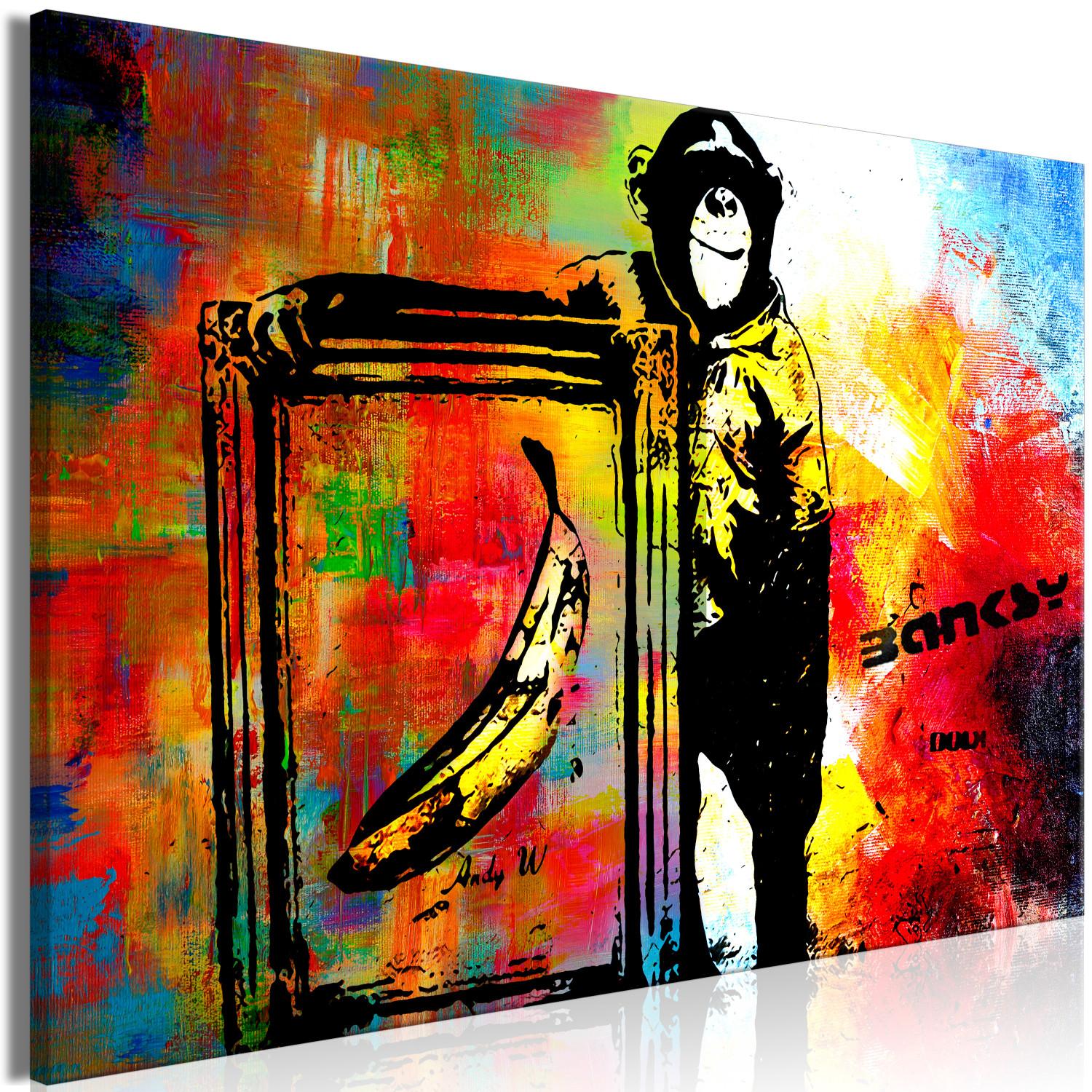 Canvas Monkey with Banana (1-piece) - Banksy-style mural on a colorful background