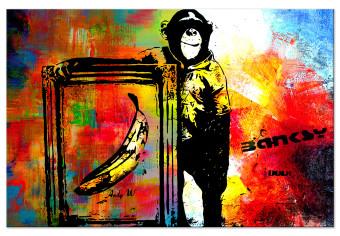Canvas Monkey with Banana (1-piece) - Banksy-style mural on a colorful background