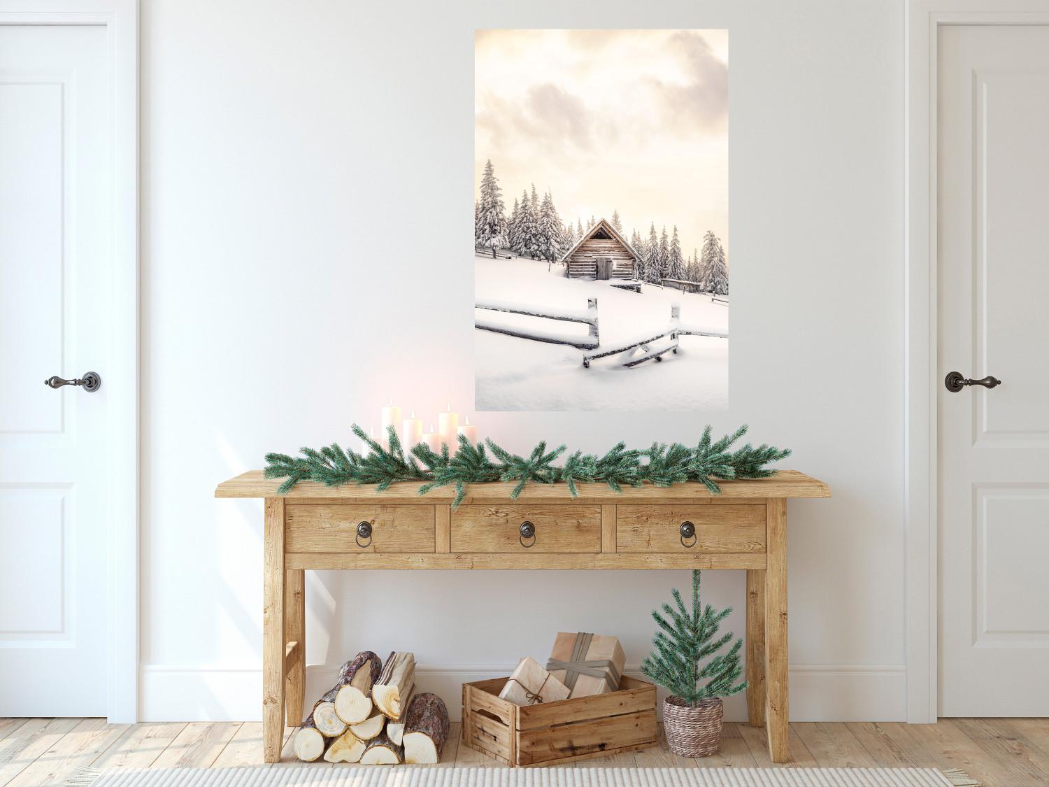 Poster Winter Cottage - Sunrise Landscape Over a Mountain Cottage and a Forest