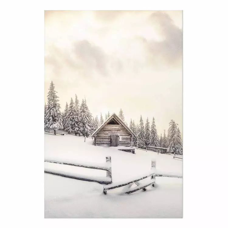 Poster Winter Cottage - Sunrise Landscape Over a Mountain Cottage and a Forest
