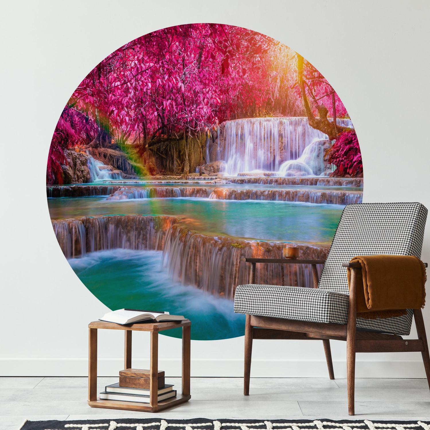Round wallpaper Waterfall - Blue Cascades Against the Background of Colorful Trees and the Sun