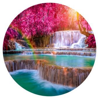 Round wallpaper Waterfall - Blue Cascades Against the Background of Colorful Trees and the Sun