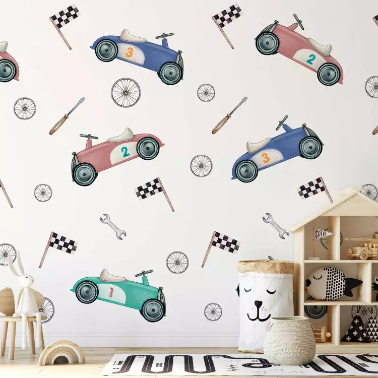 Wall Mural Colorful Vehicles - Retro Racing Cars in Delicate Pastel Colors