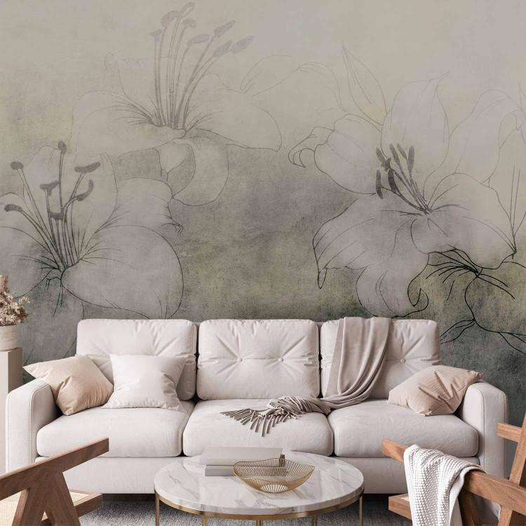 Wall Mural Blooming in the Fog - White Lilies on a Shaded Background - Green
