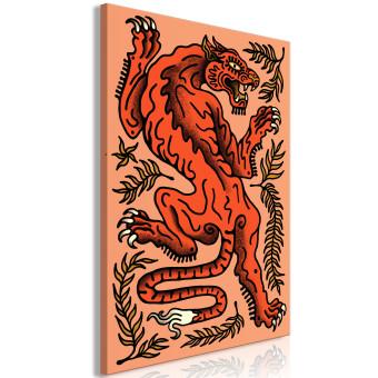 Canvas Red Tiger (1-piece) - wild cat in leaves on a salmon background