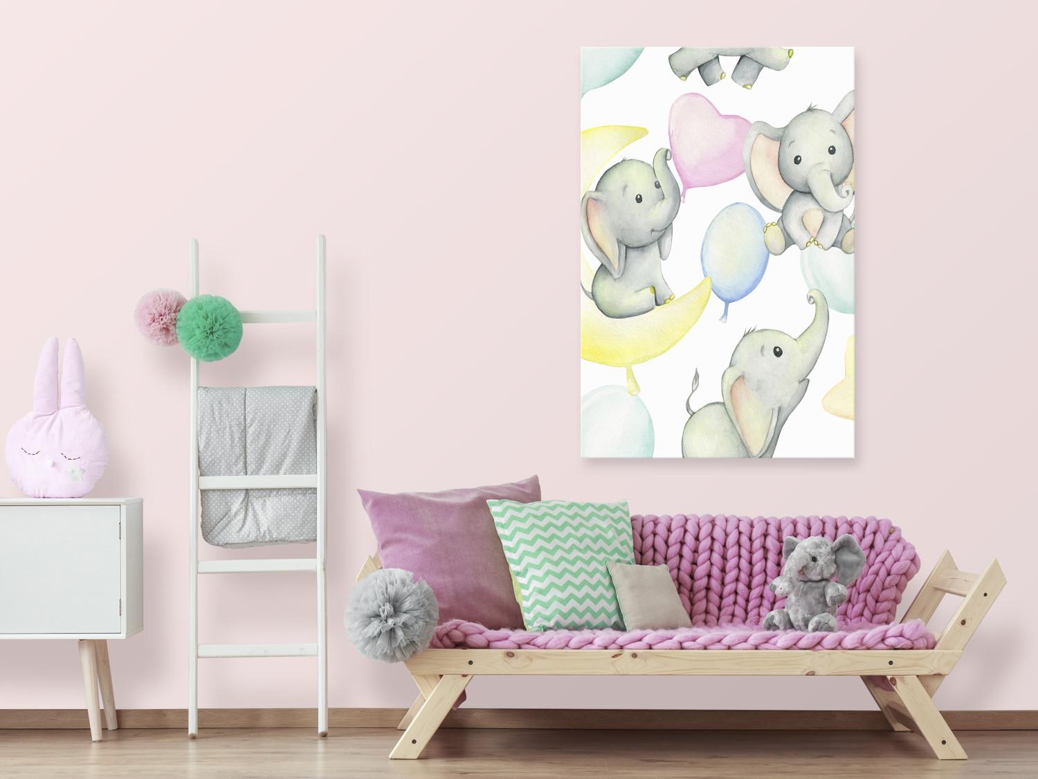 Canvas Baby Elephant and the Moon - Funny Drawing Painted With Watercolor