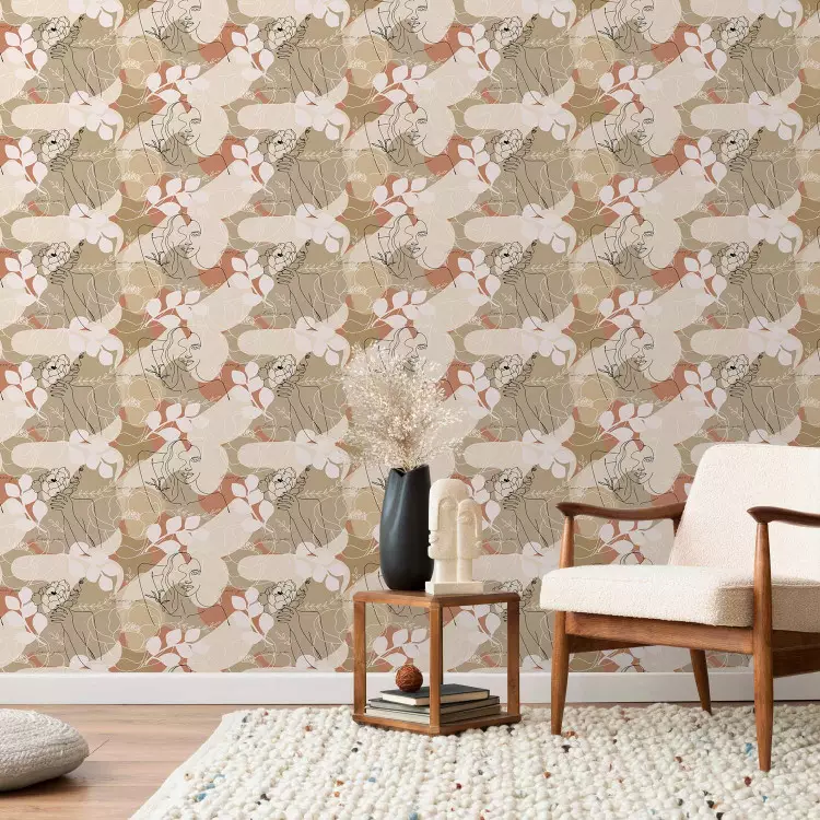 Wallpaper Nature - Sketch of a Woman, Flowers and Leaves on a Background of Beige Spots